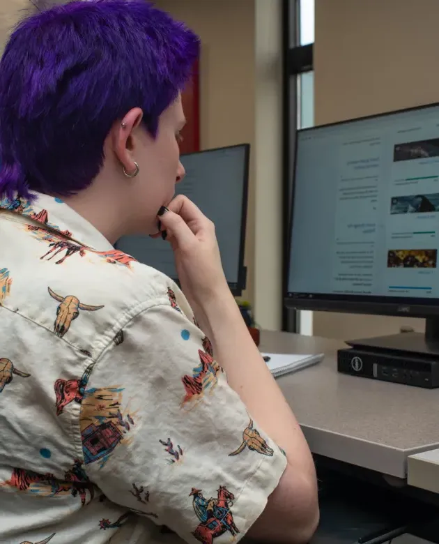 A student looks at their Brightspace homepage on a monitor in the library